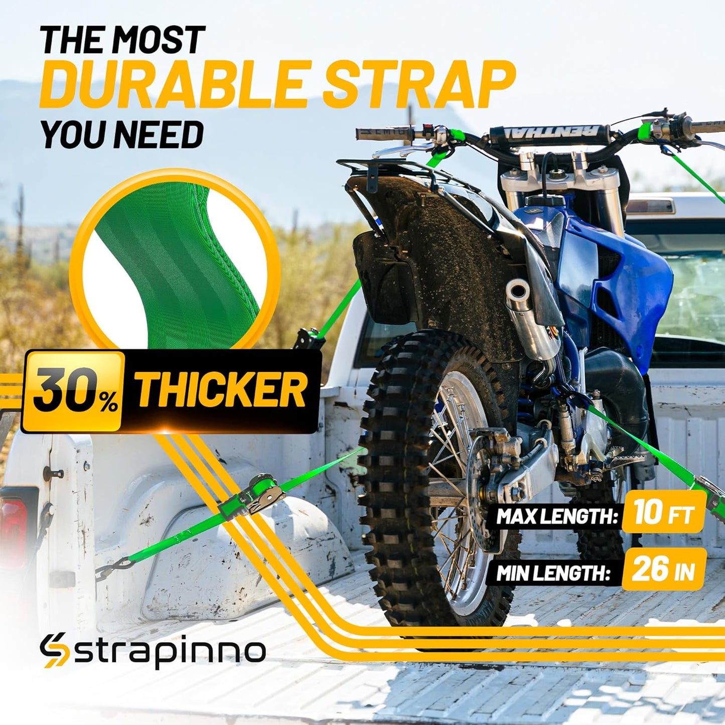 Strapinno Retractable Ratchet Straps 1 in x 10 ft, Secure Tie-Downs with Rubber-Coated Steel Handles, for Motorcycle, Jetski, Kayak, Breaking Strength 1,500LBS/680KG (Green Strap, Black Coated)