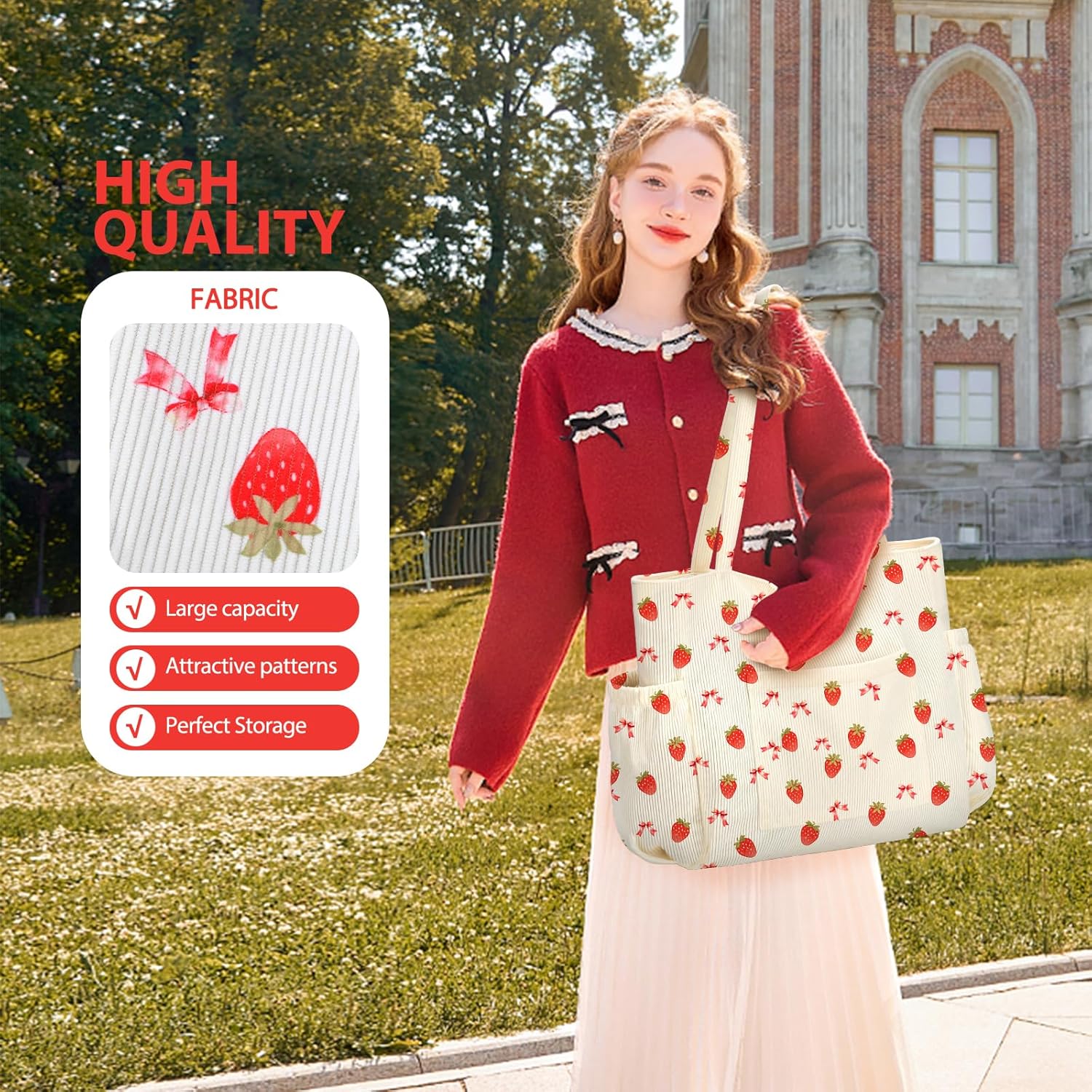 Corduroy Tote Bag for Women,Large Capacity Cute Tote Bags With 6 Pockets,Crossbody Shoulder Handbag