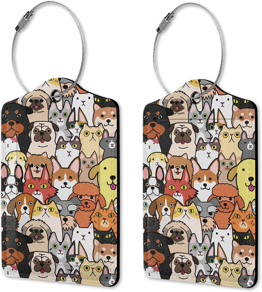 Luggage Tags for Suitcase, 2 Pack Cute Dogs Cats Luggage Tag with Privacy Flap Leather Travel Cruise, Name ID Label and Metal Loop for Women Men Girls Suitcase Baggage Bag Backpack