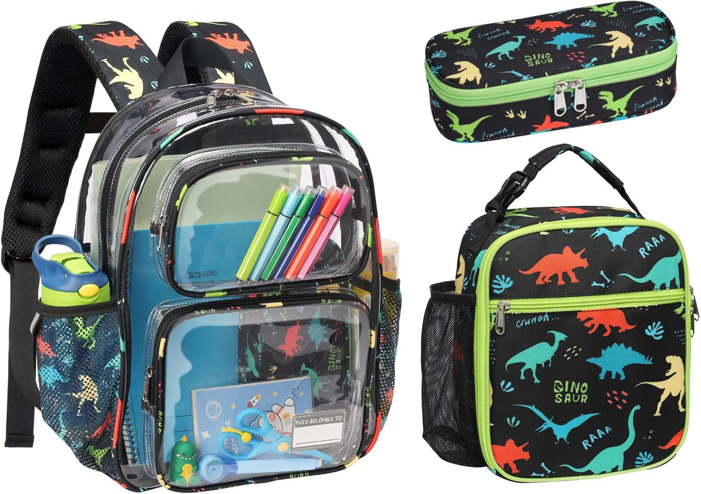 Bagseri 3pcs Clear Backpack for Boys - 15 Inch Backpack and Lunch Bag and Pencil Case Set, Heavy Duty Transparent Bookbag for School, See Through Bag for Kids Aged 3 to 8, Black Dinosaur