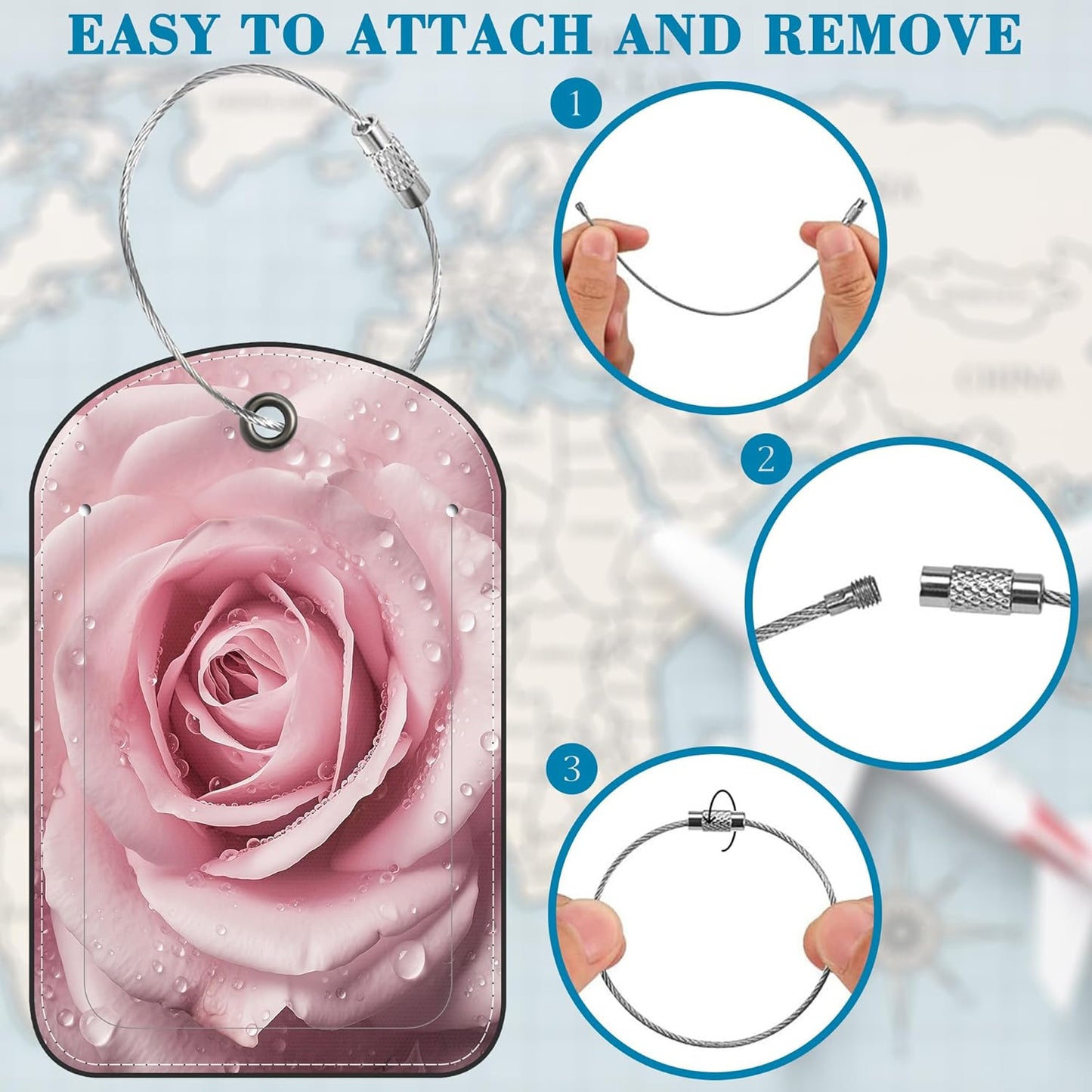 2 Pack PU Luggage Tags for Suitcase, Rose Glistering with Water Droplet Suitcase Tag Leather ID Label Bag Tags with Privacy Cover and Metal Loop for Men Women Travel Bag