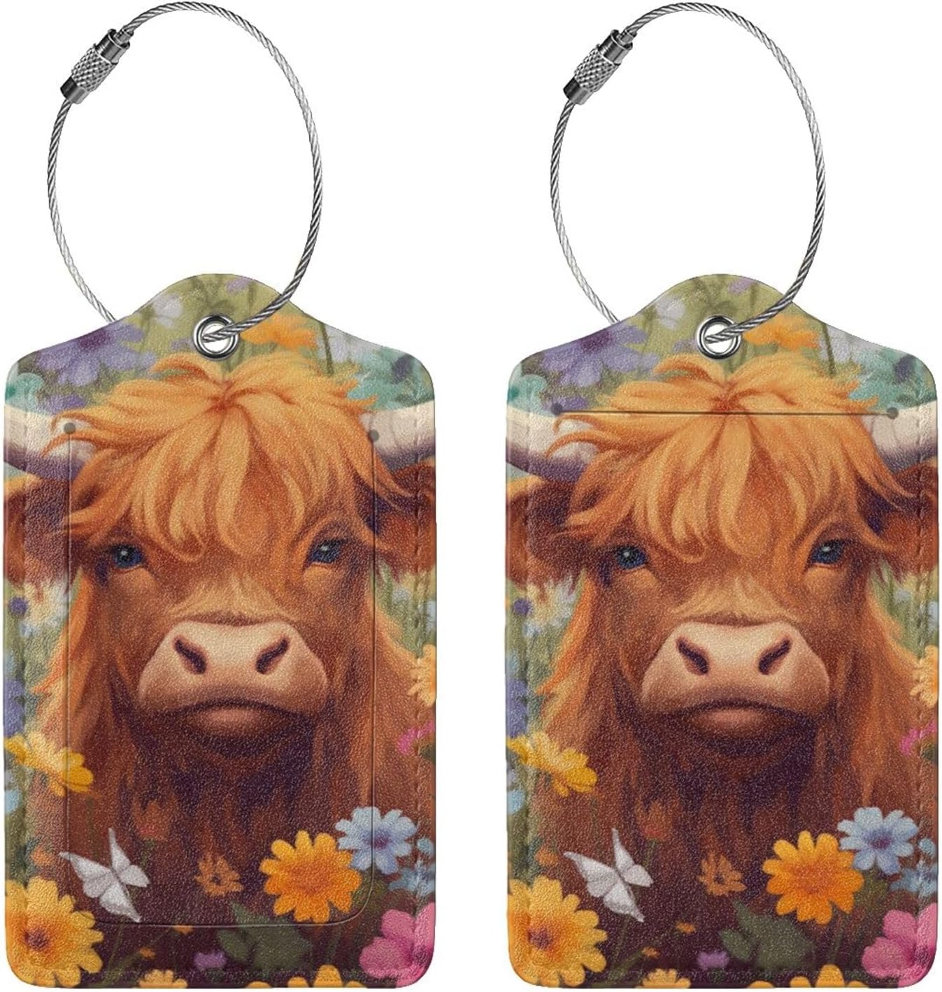 2 Pack Luggage Tag for Suitcase, Cute Leather Suitcase Tags Identifiers with Privacy Name Address Labels Durable Steel Loop for Women Men Girl Travel (Cow in Flowers)