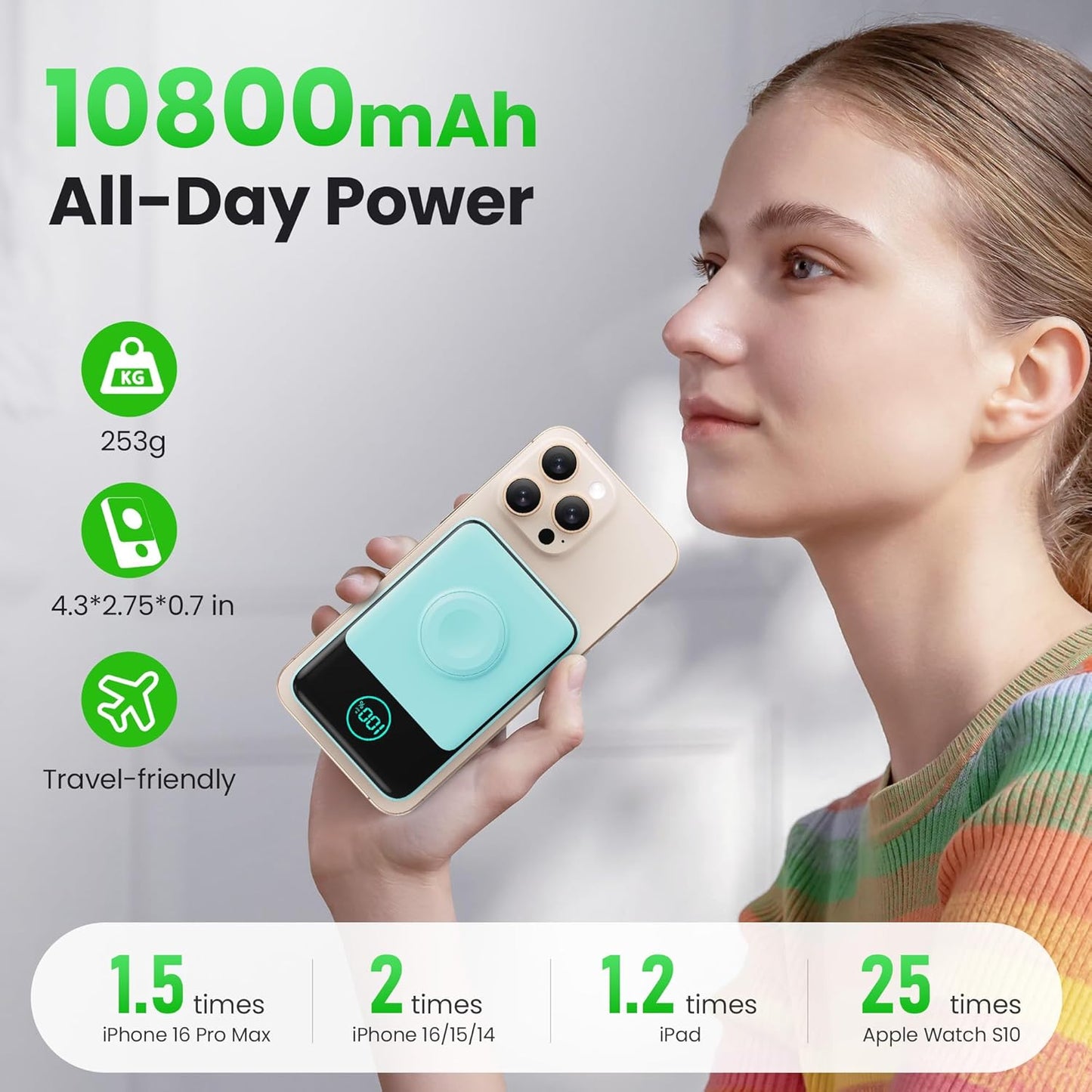 Magnetic Portable Charger for iPhone, 10800mAh Qi2 15W Wireless Power Bank with iWatch Charger,30W PD Fast Charging USB-C Travel Essentials Battery Pack for Magsafe,iPhone 17/16/15/14/13, Apple Watch