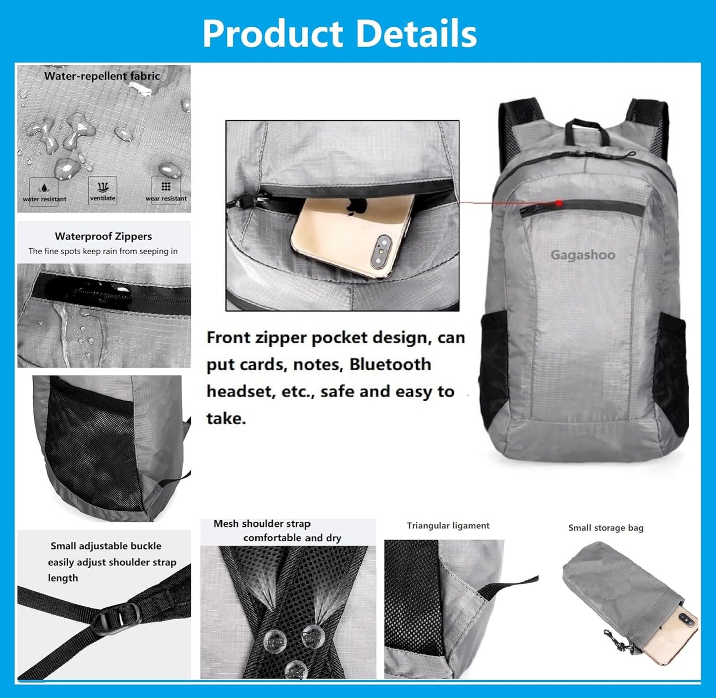 Small Foldable Hiking Daypack Packble Skin Casual Backpack Camping Cycling Travel Outdoor Day Bags Useful (Gray)