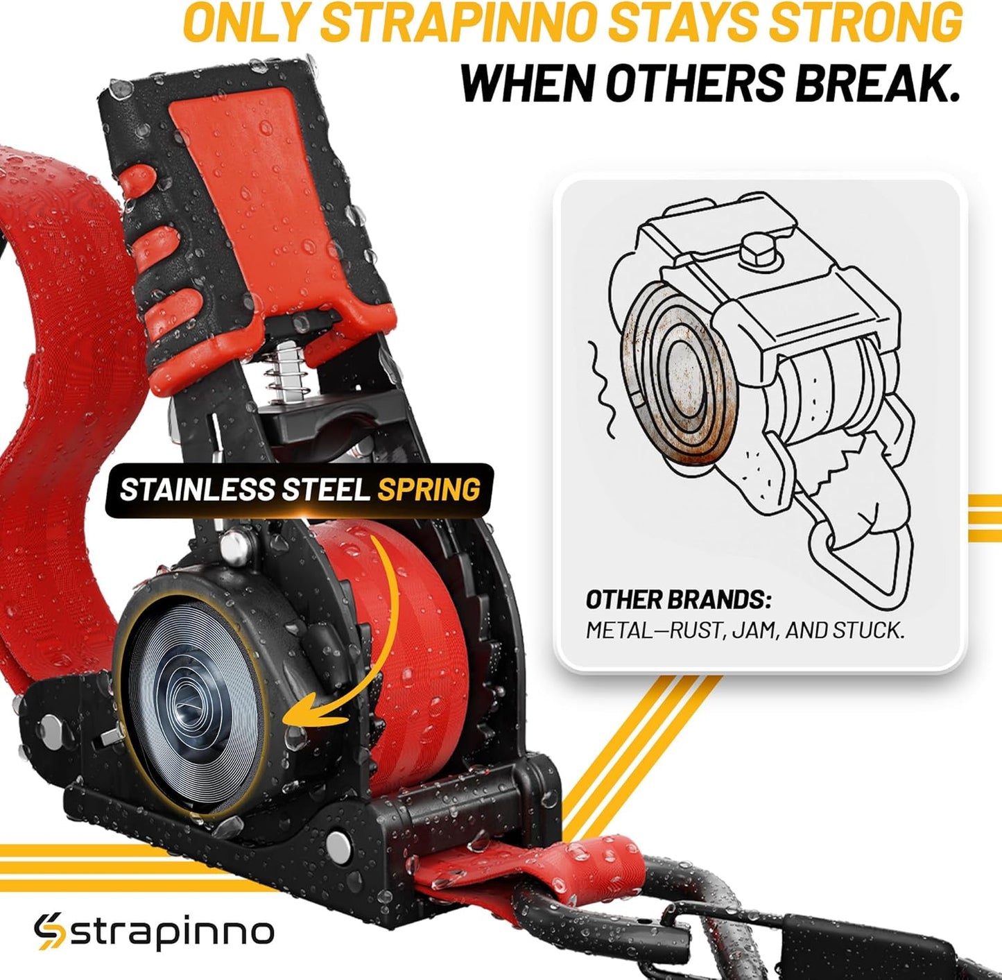Strapinno Retractable Ratchet Straps 1 in x 10 ft, Secure Tie-Downs with Rubber-Coated Steel Handles, for Motorcycle, Jetski, Kayak, Breaking Strength 1,500LBS/680KG (Red Strap, Black Coated)