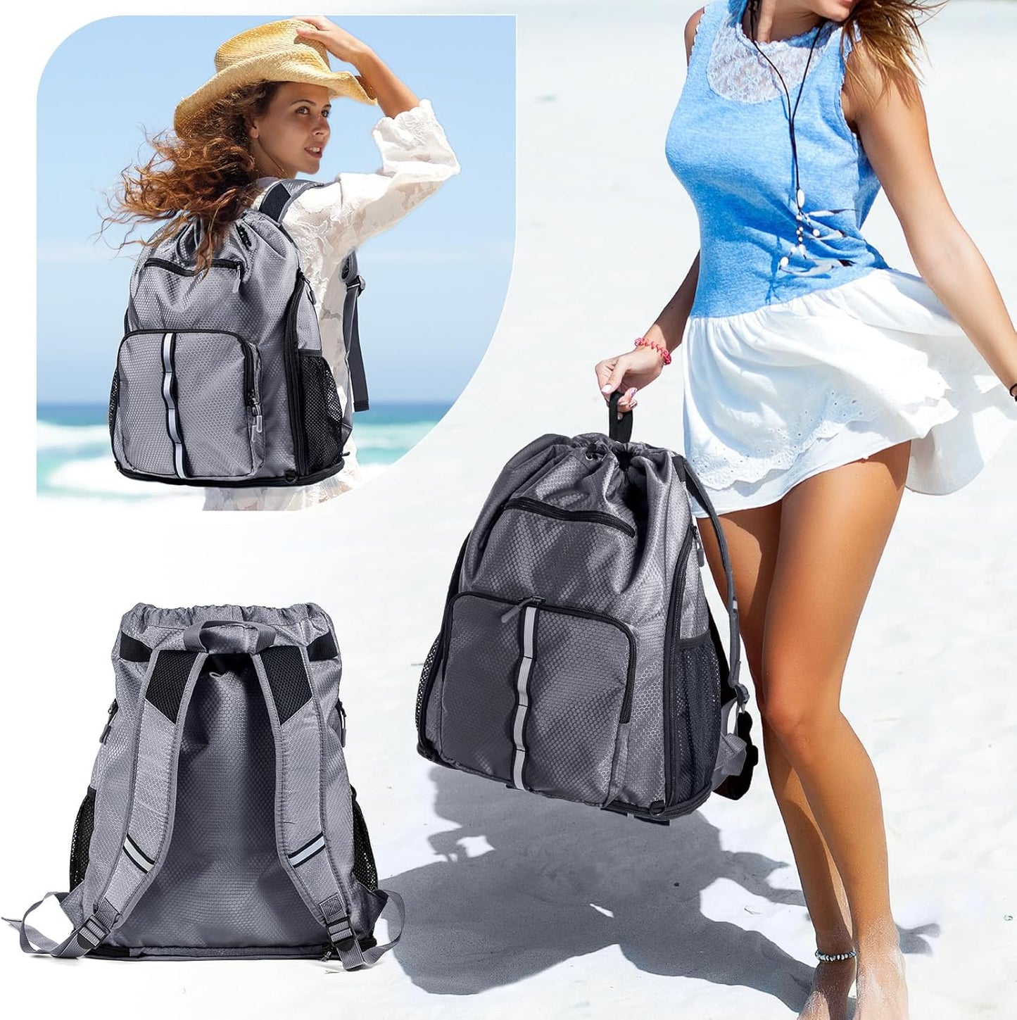 Large Beach Backpack Waterproof Sandproof - Customized Oversized Drawstring Pool Bag with Shoe Compartment for Toiletries, Towels, Gym, Travel