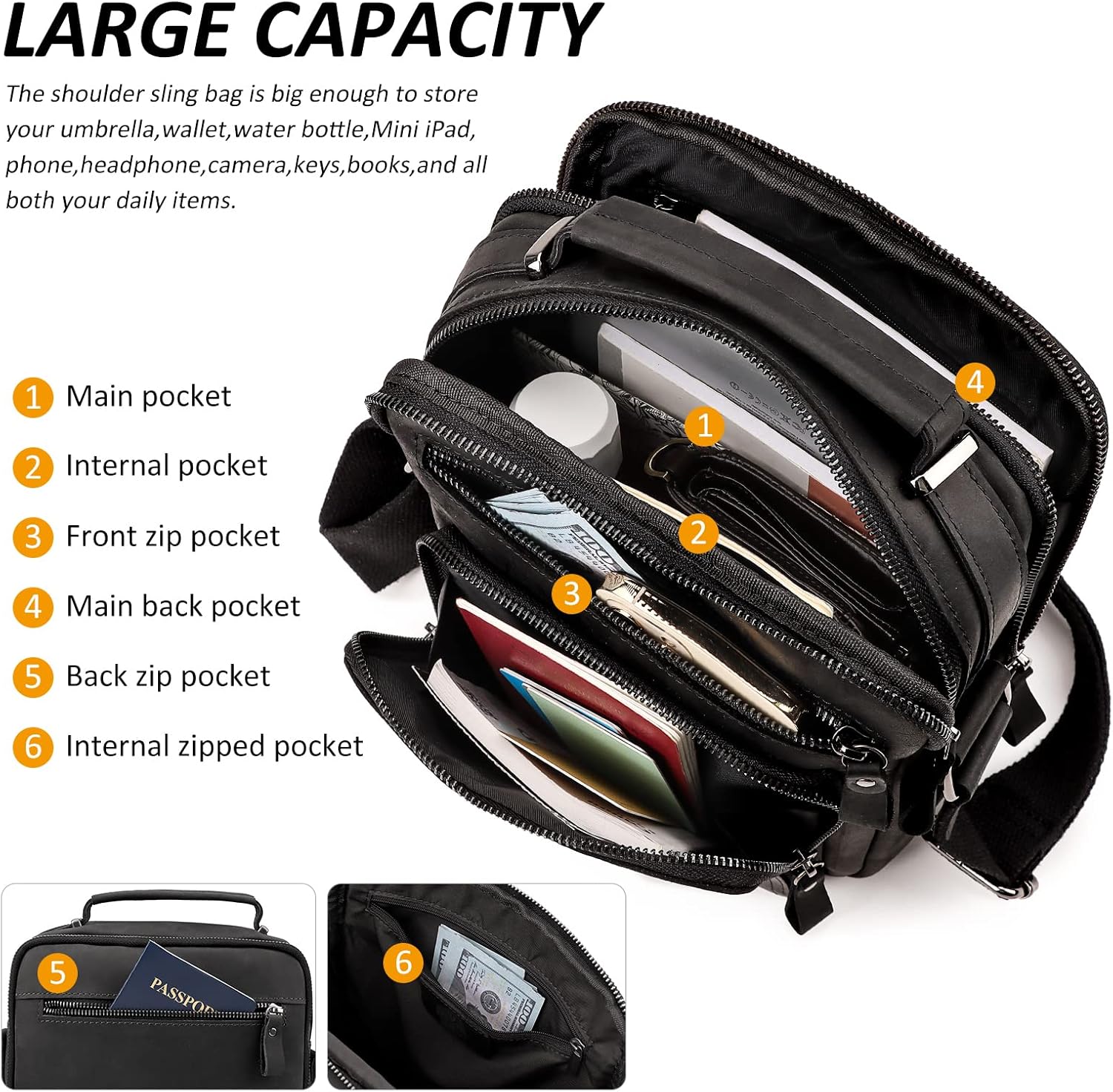 Crossbody Bag Shoulder Bag for Men, Genuine Leather Man Bag Vintage Messenger Bag for Travel Work