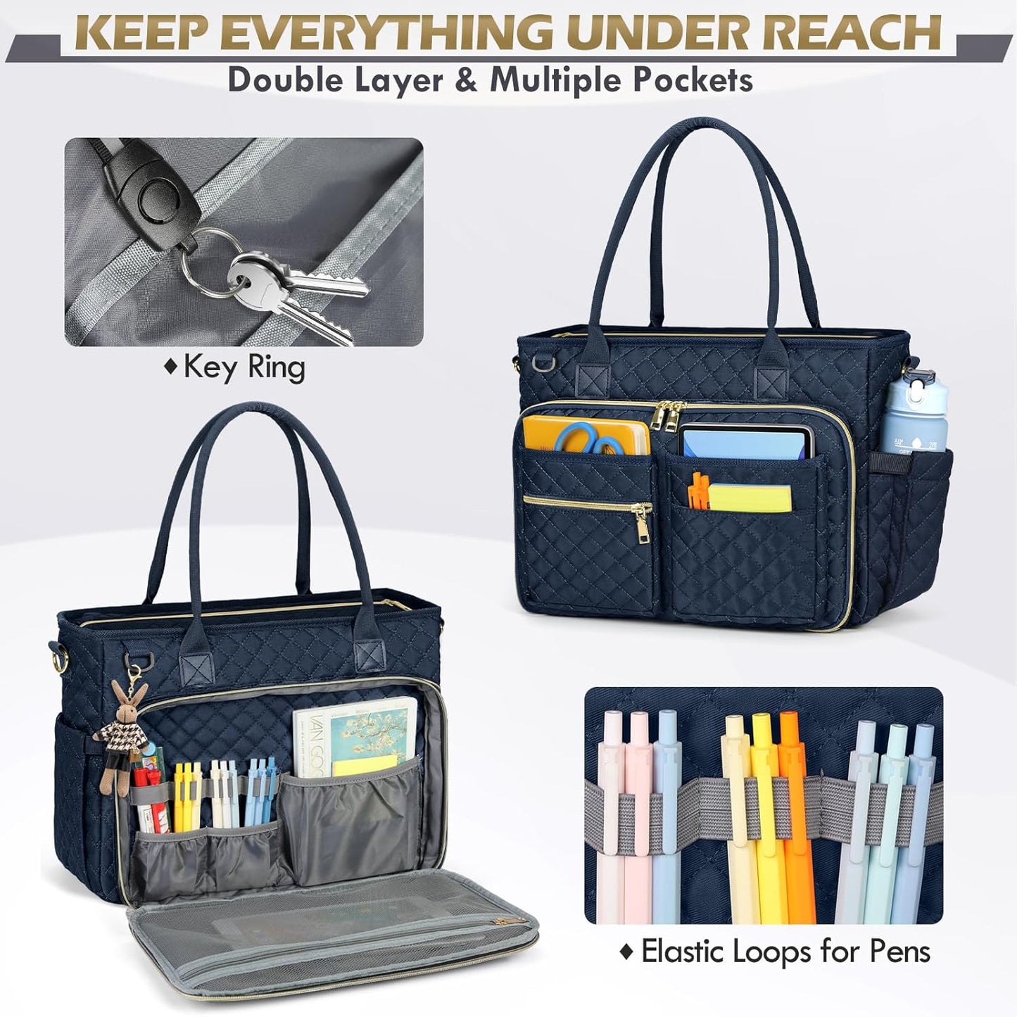 RAINSMORE Teacher Tote Bag 15.6 inch Laptop Bag for Women Work Bags Laptop Tote Nurse Bag Professional Computer Messenger with Insulated Pocket, Laptop Briefcase for Office, College, Dark Blue