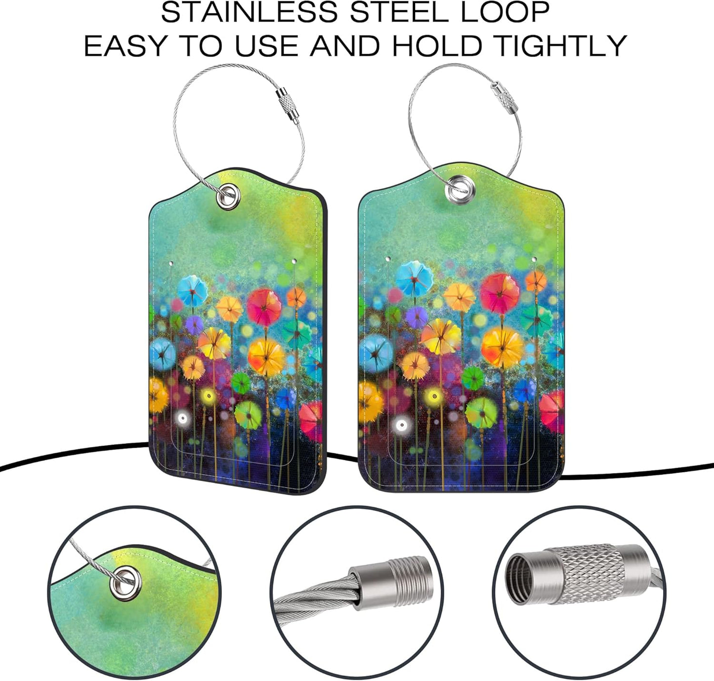 2 Pack Luggage Tags,Floral Watercolor Painting PU Leather Idea Baggage Tag with ID Labels Privacy Cover Metal Ring Men and Women Travel Bag Labels