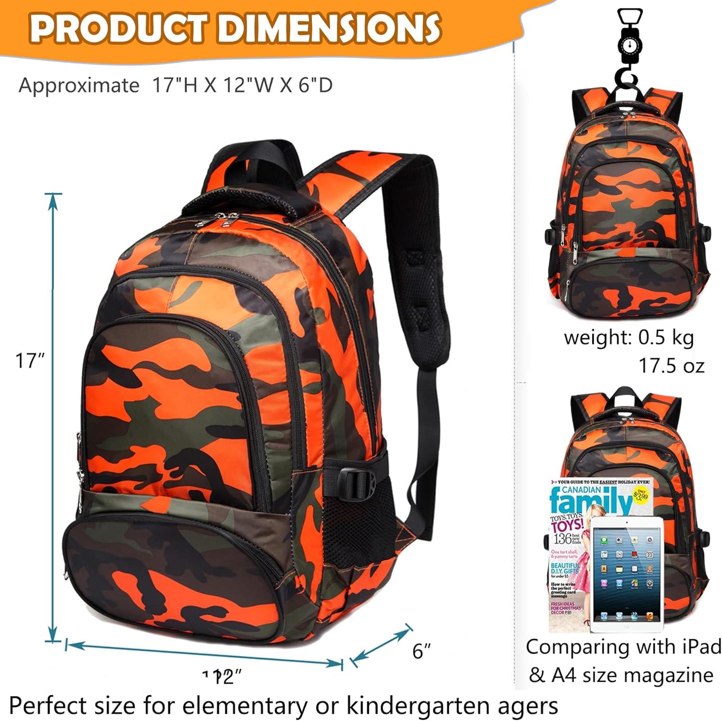 BLUEFAIRY Kids Backpacks for Boys Girls Elementary Primary Middle School Bookbags Back to School Bags for Childs Age 6-8 Mochilas Escolares para Niños Niñas 17 Inch Camo Orange