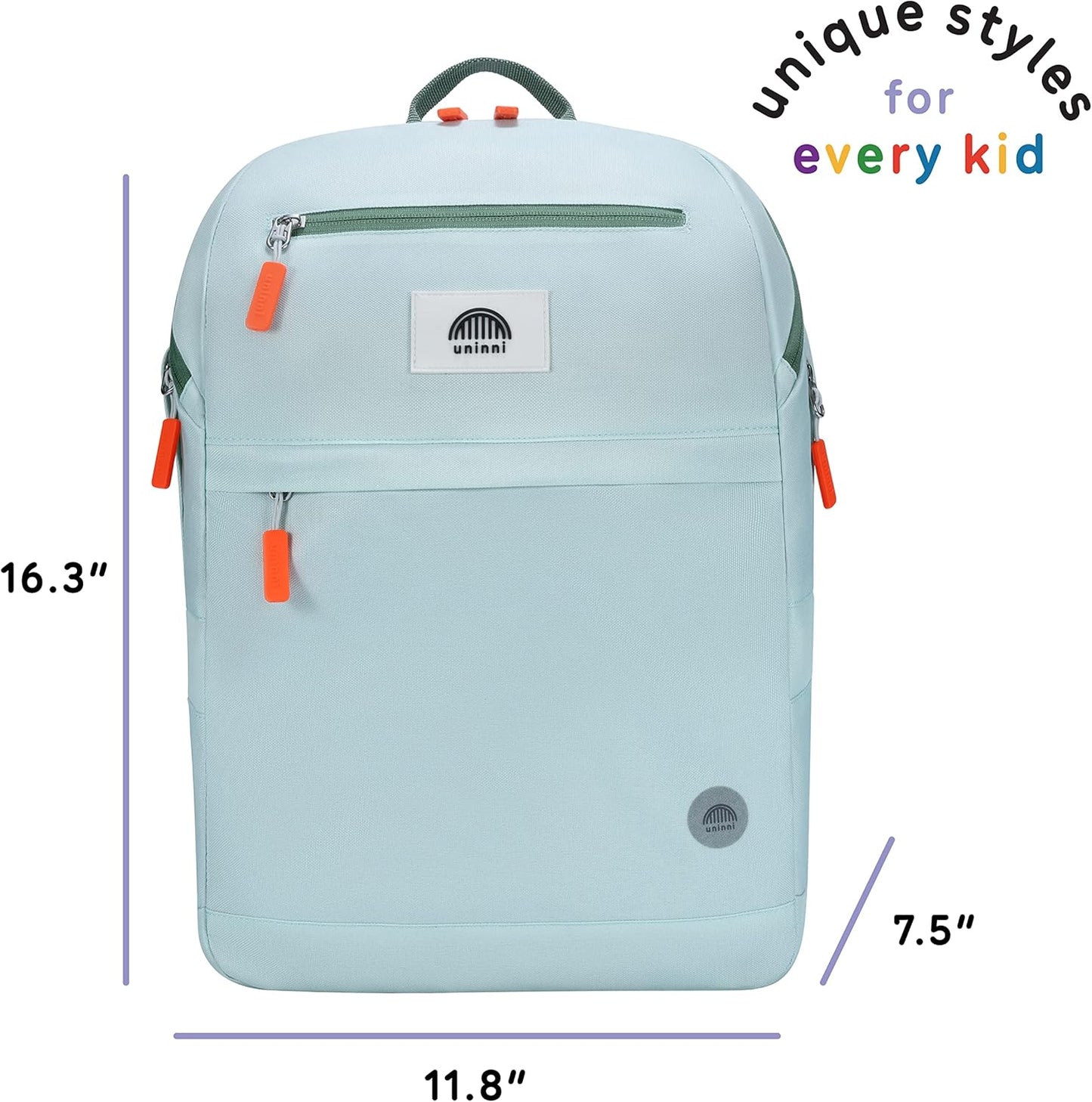 uninni 16" Kid's Backpack for Girls and Boys Age 6+ with Padded, and Adjustable Shoulder Straps. Fits for Height 3'9" Above Kids (Mint)