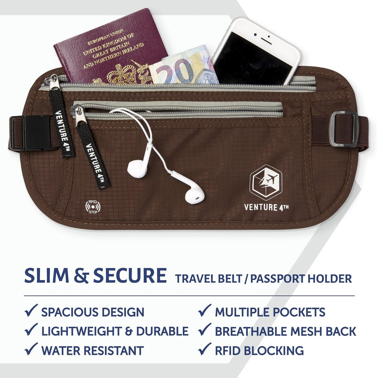 VENTURE 4TH Slim Minimalist Design RFID Money Belt with RFID Blocking Sleeves, for Men and Women – Ideal for Keeping Your Cash, Credit Card, Passport, Phone Secure When Traveling - Brown