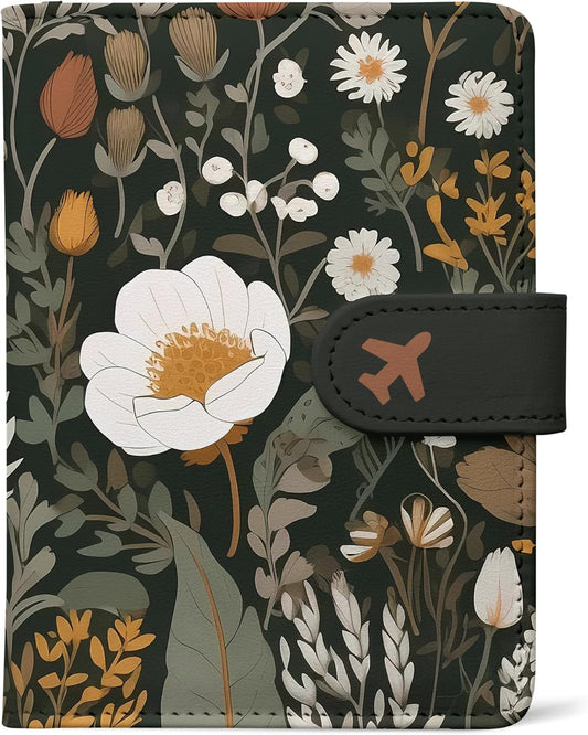 Passport Holder, Travel Wallet Cover with Pen Loop | Cute RFID Blocking Leather Case with Magnetic Closure for Travel Essentials-flower