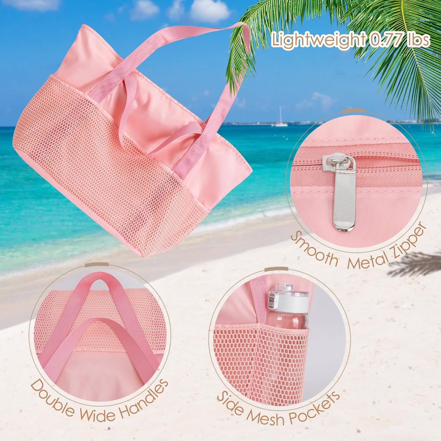 KABAQOO Large Beach Bag Waterproof Sandproof Tote Bag for Women with Zipper & Mesh Pockets for Pool