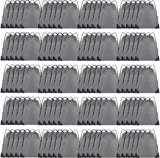 Drawstring Backpack Bulk 100Pcs Cinch Bag, Polyester Drawstring Bags for Gym Beach Sports Short Trip Party (Grey)