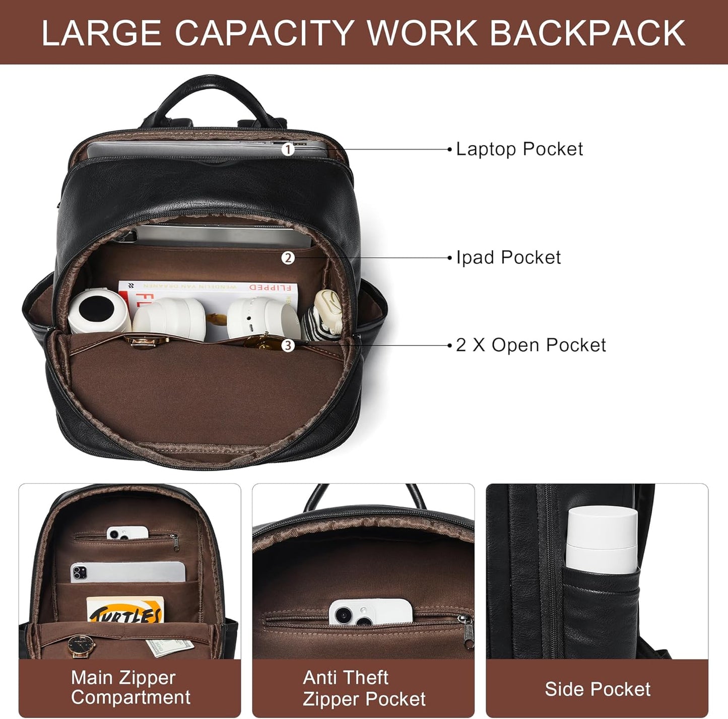 Leather Laptop Backpack for Women, Featuring a 15.6" Padded Laptop Compartment, Water Bottle Pocket and Trolley Sleeve, Ideal for Work, Travel, Everyday Use, and as a Thoughtful Gift