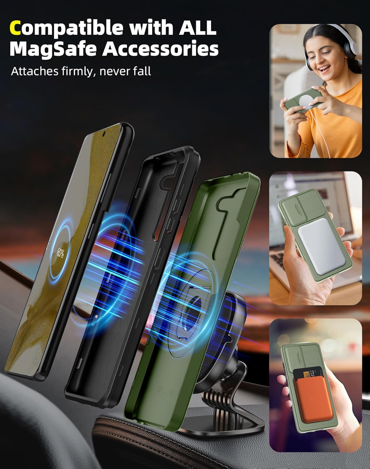 for Samsung Galaxy S22 Case Magnetic Compatible with MagSafe Wireless Charging,with Screen Protector,Built-in Kickstand Ring+Camera Cover Anti-Scratch Shockproof Heavy Duty Protection Green