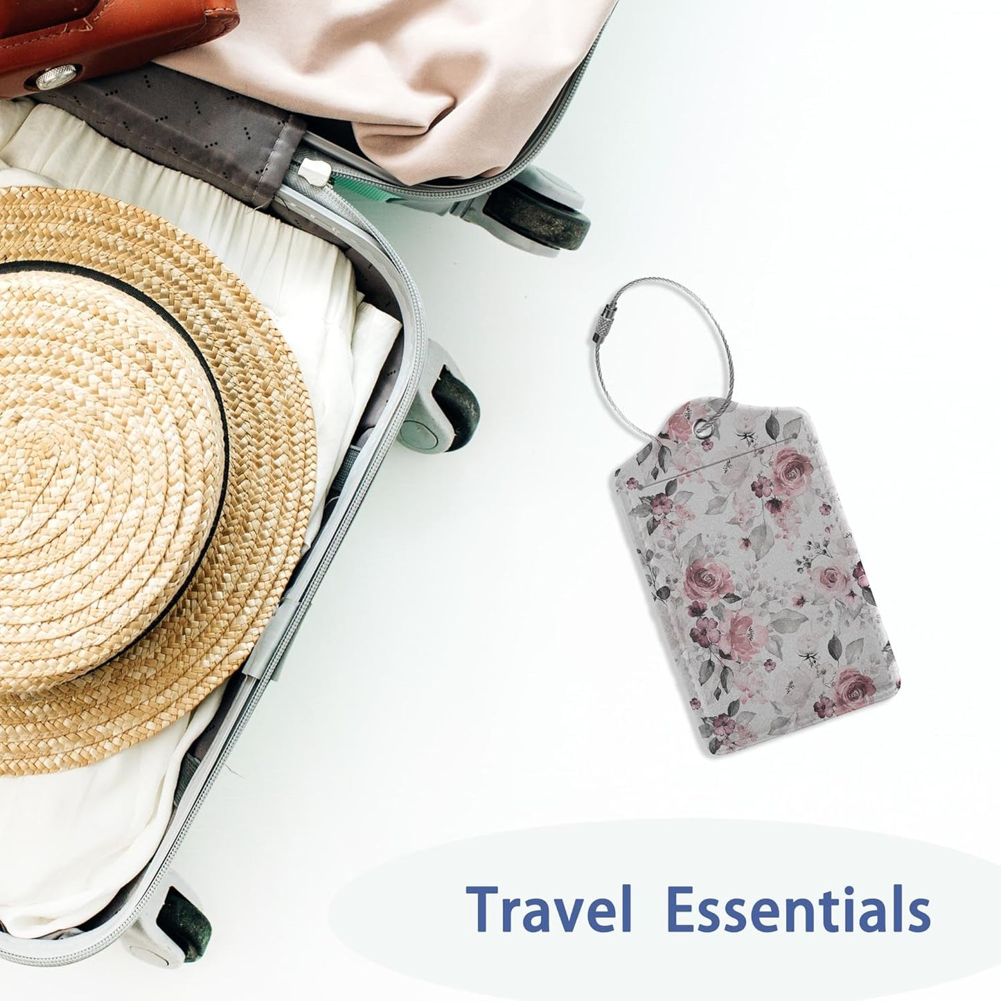 Chic Flower Luggage Tag for Suitcase Pink Rose Luggage Tag with Privacy Flap & Name ID Label & Metal Loop,Travel Suitcase Tags for Women