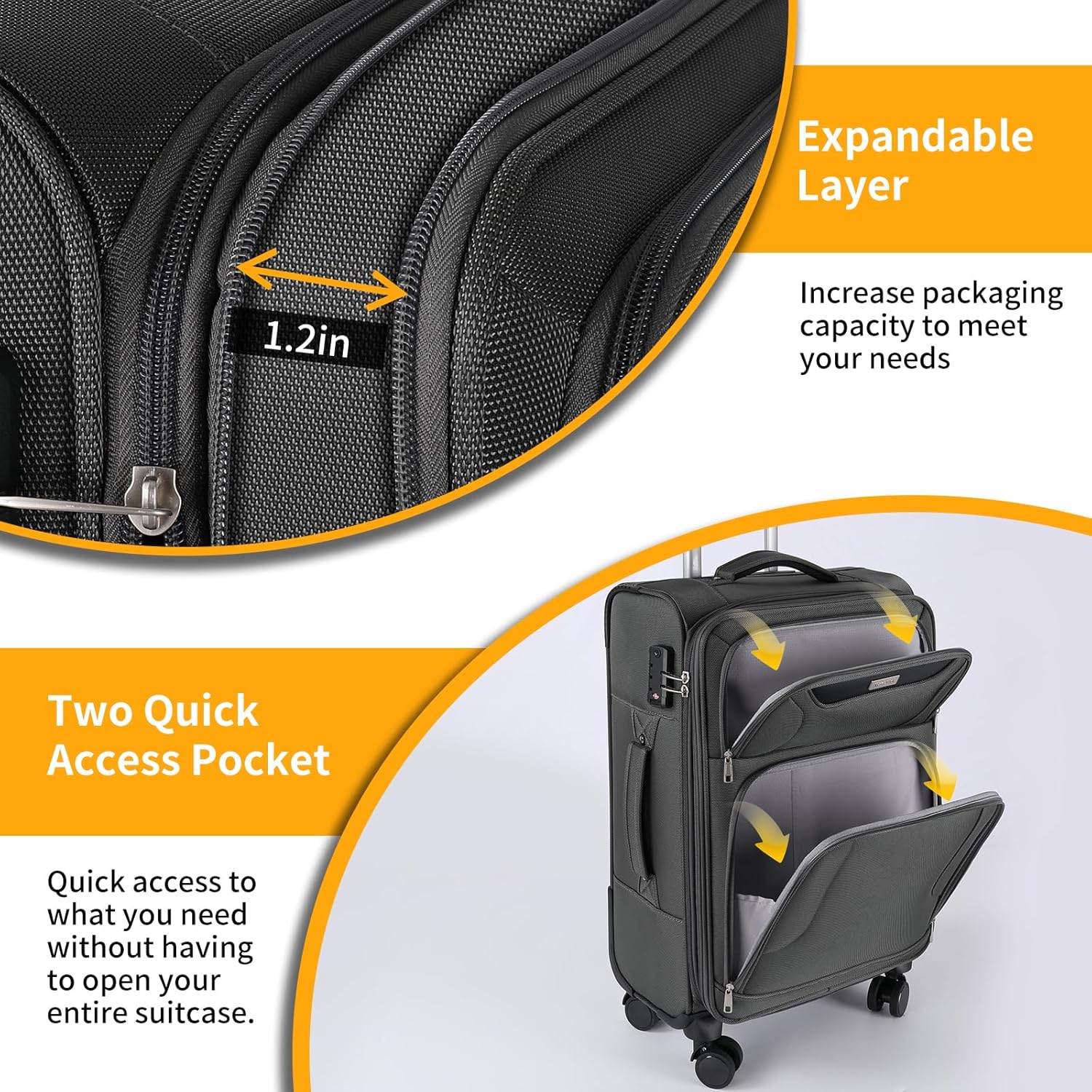 3-Piece Softside Expandable Luggage Set with Front Open Pocket, Lightweight and Durable Oxford