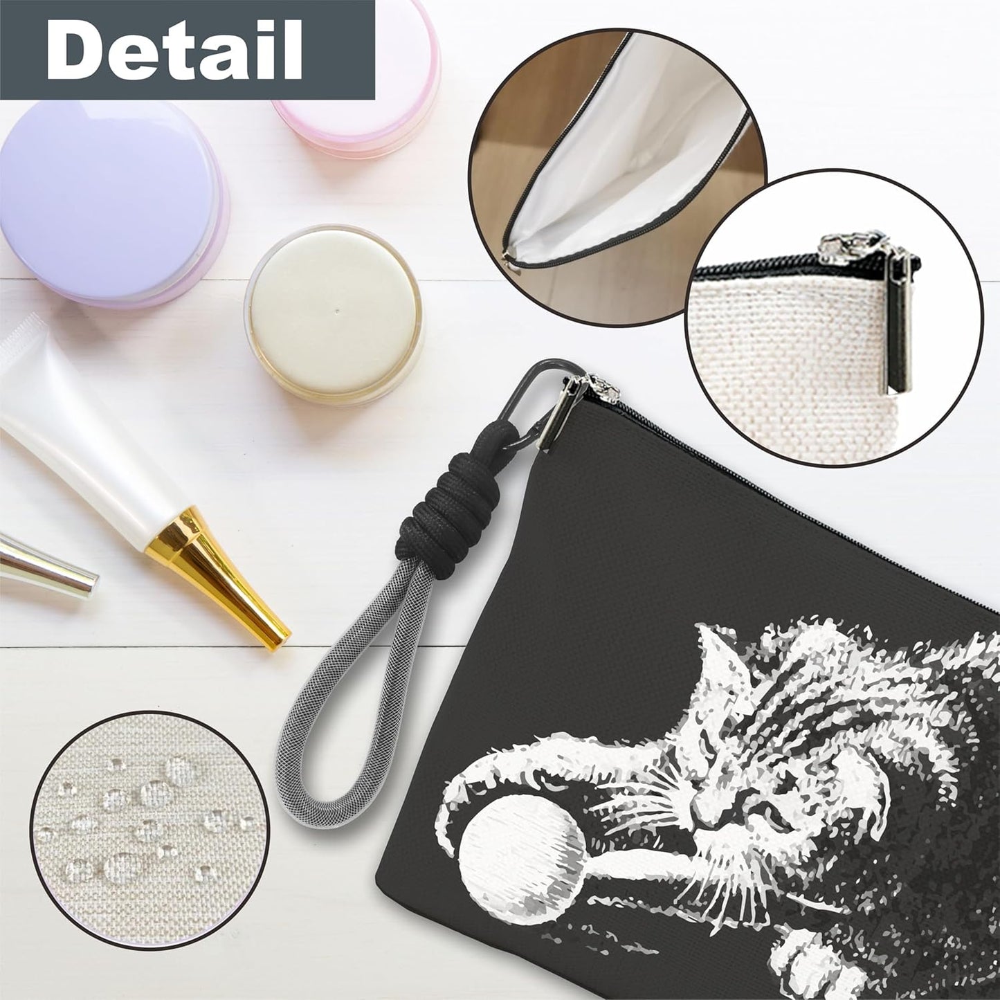Gothic Make Up Bag, Cosmetic Bag With Hand Strap - Hand Drawn Cat Playing - Lined Toiletry Bag - Travel Pouch, Black Organizer With Zipper, Women Essentials & Accessories - A15
