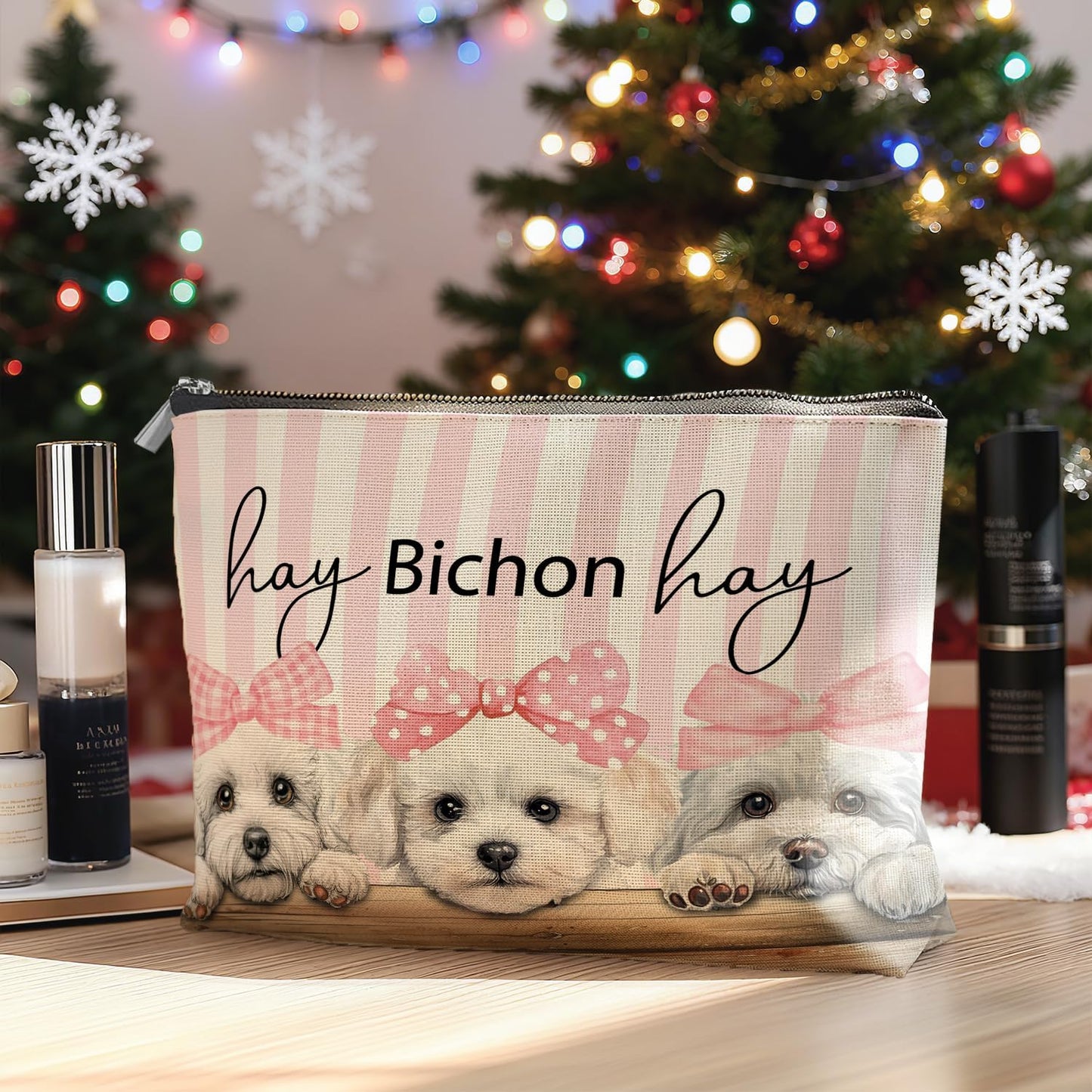 Coquette Pink Bow Bichon Frise Makeup Bag Gifts for Women, Preppy Bichon Cosmetic Bag, Girly Cute