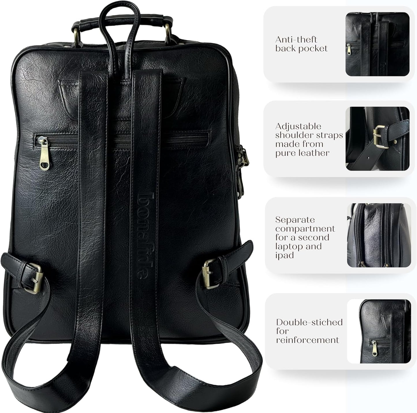 Genuine Leather Luxury Backpack Multi-functional Elegant Daypack Office Travel Leisure 15.6" Laptop Bag (Black)