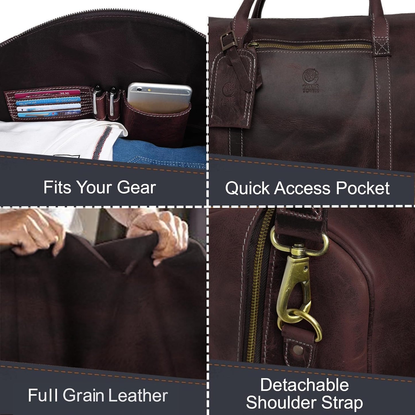 24" Leather Duffle Bag for Men & Women, Full Grain Leather Travel Overnight Weekender Sports Gym Carry On Duffel Bag by Rustic Town (Walnut Brown)