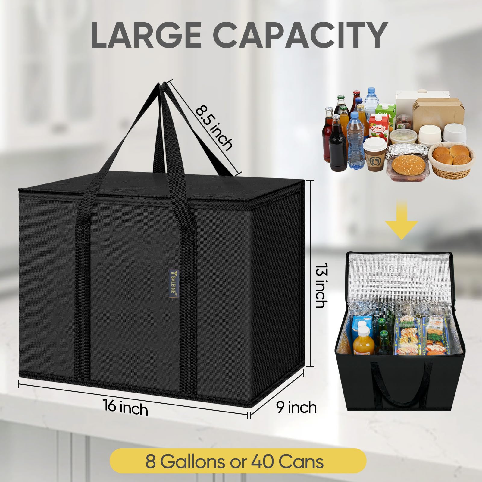 BALEINE 2Pk Insulated Reusable Grocery Bags, Collapsible Cooler Bag for Groceries, Heavy Duty Large