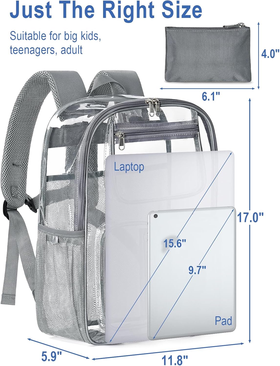 Heavy Duty Clear Backpack For School, 17 Inch Clear Bookbag For Kids Boys Girls Women Men, Large See Through Backpack With An Extra Pouch Accessories, Multi-Pockets Tranparent Bag, Work, Grey