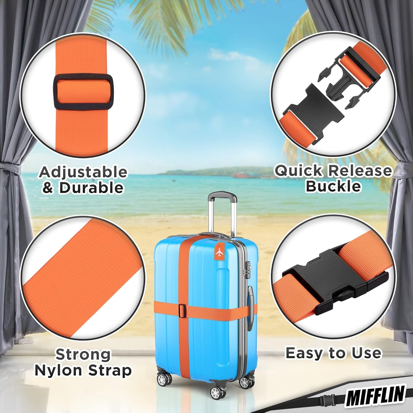 Luggage Straps - Orange, 78" Long, 2 Inches Wide, 4 Pack - Adjustable Nylon Belt for Travel Suitcases & Bags - by Mifflin-USA