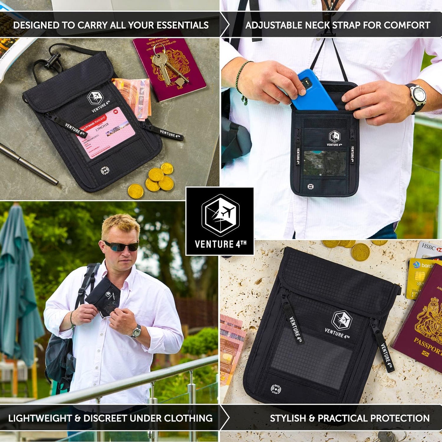 VENTURE 4TH Neck Wallet, RFID Blocking Passport Holder for Travel – Hidden Neck Pouch with 6 Compartments, Slim Lightweight Organizer with Adjustable Strap for Cash, Cards & Passport (Pure Black)