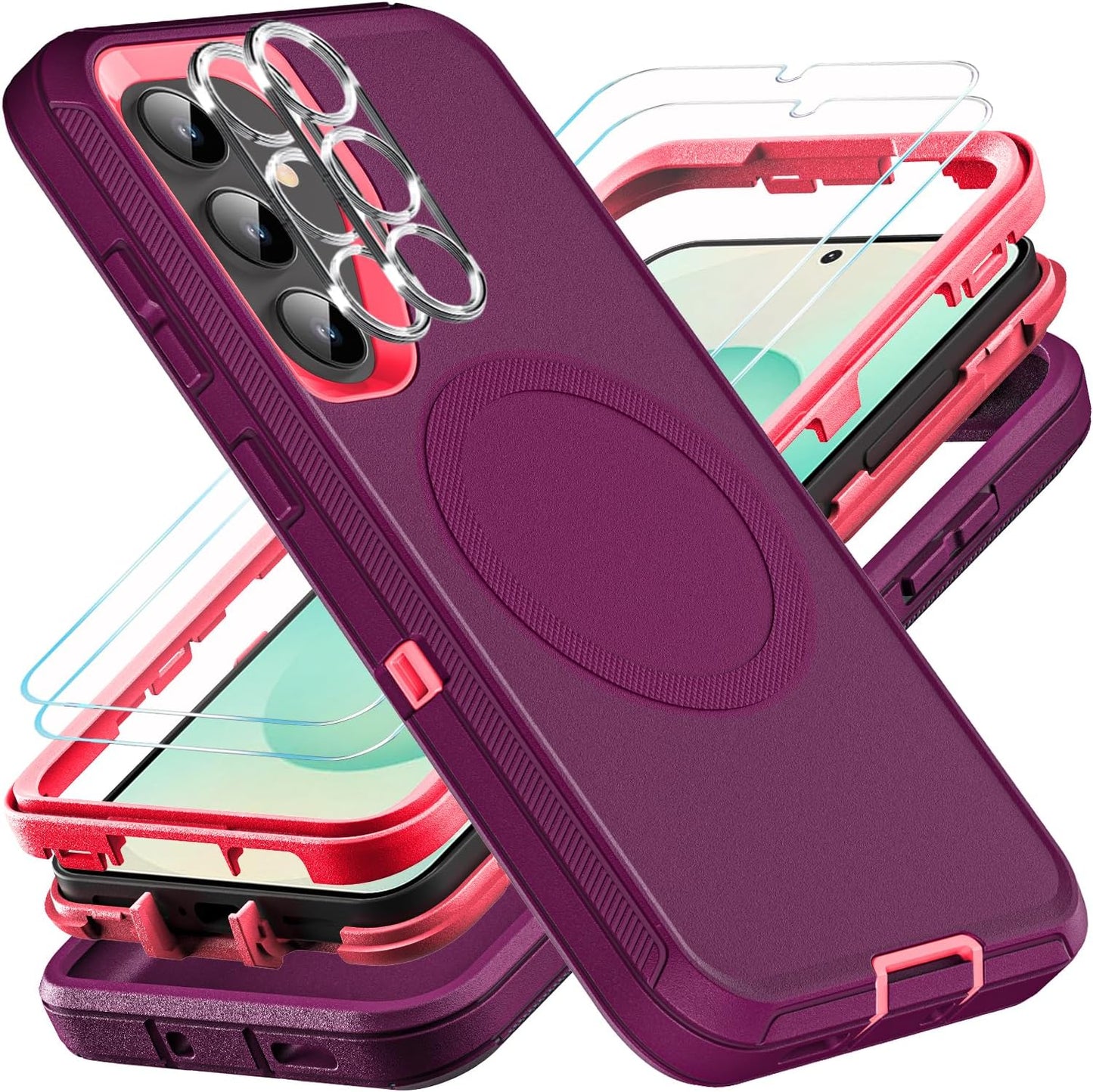 for Samsung Galaxy S25 Plus Case, Compatible with Magsafe, Military Grade 3 in 1 Heavy Duty Case with 2Pcs Tempered Glass Screen Protector & Camera Lens Protector (New-Purple/Pink)