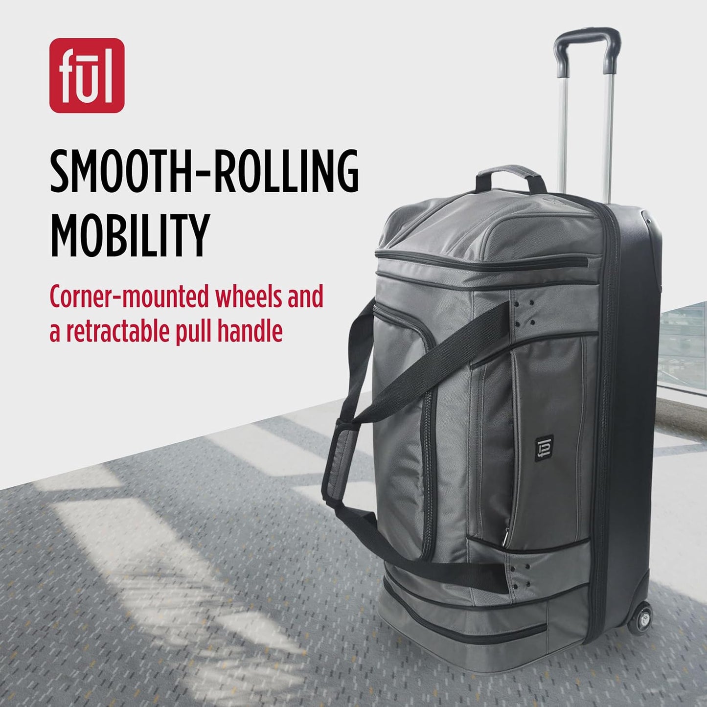 FUL Workhorse 30 Inch Rolling Duffel Bag, Checked Travel Luggage with Hardshell Base and Wheels