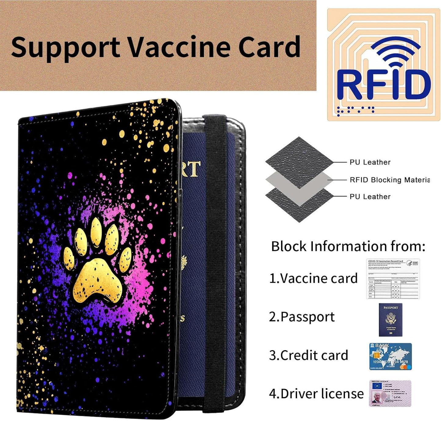 Passport and Vaccine Card Holder Cover Combo,Travel Passport Holder Wallet with RFID Blocking, Leather Vaccine Card Slot Passport Cover Case for Women & Men,Colorful Dog Pawprint