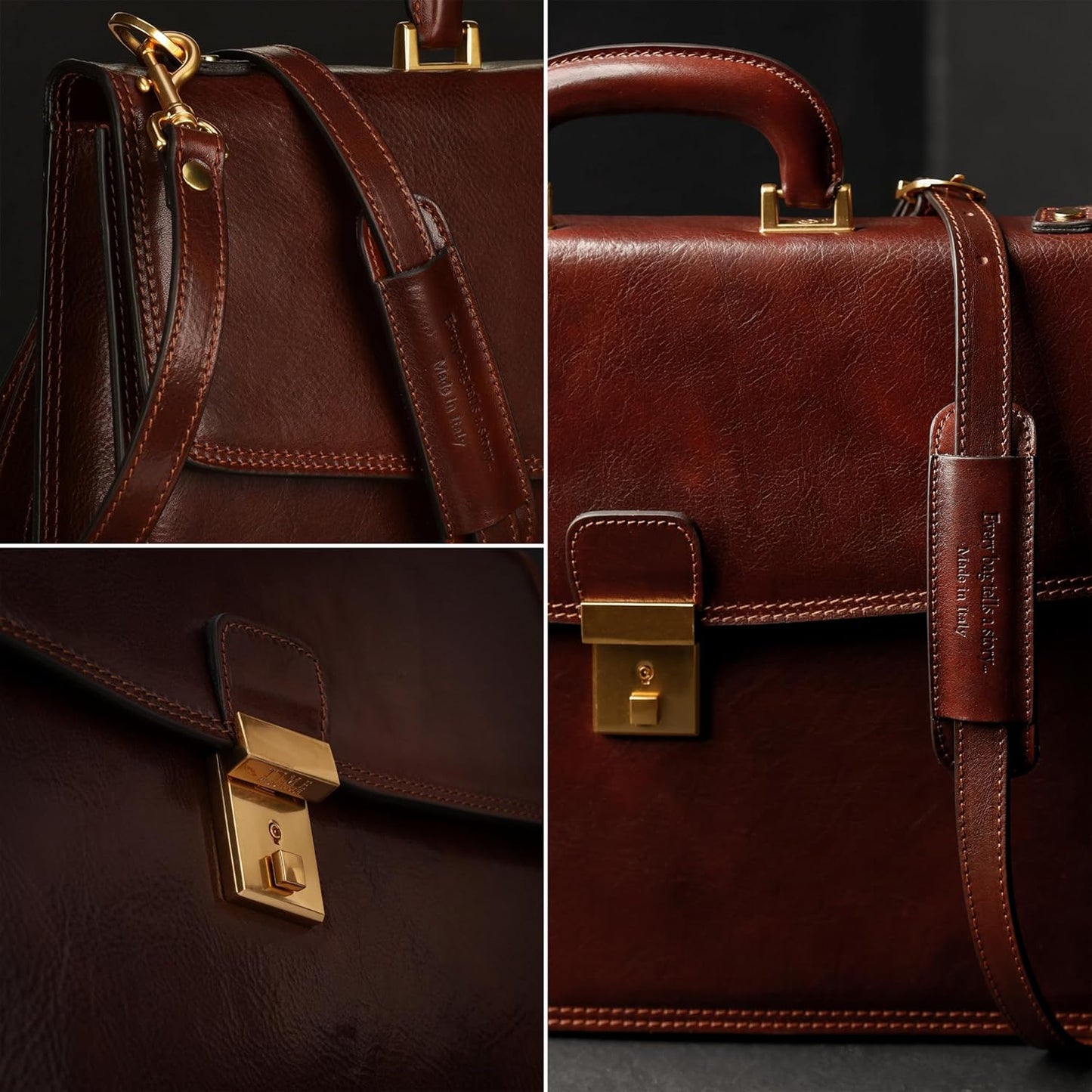 Time Resistance Leather Briefcase - Italian Handmade Leather Laptop Bag - Handbag for Men - Professional Computer Case