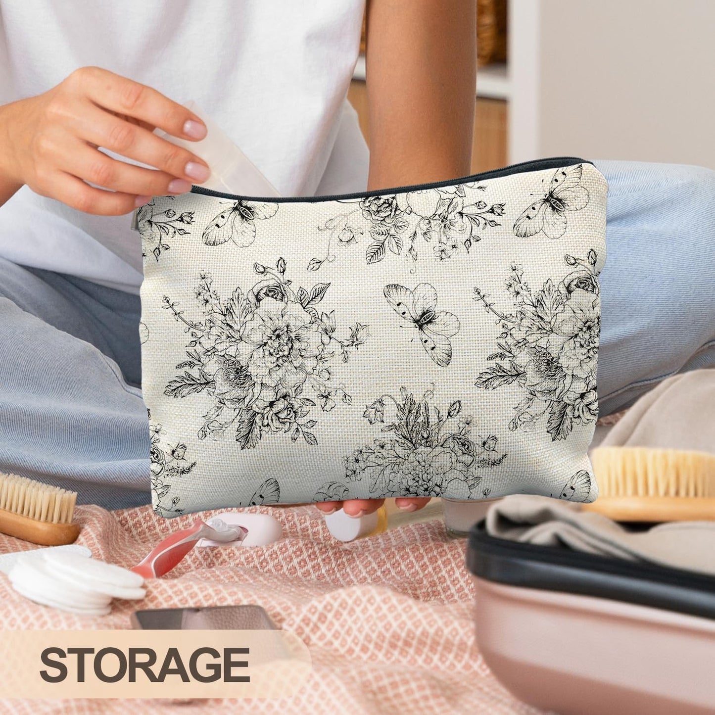 Vintage Boho Floral Butterfly Makeup Bag, Chinoiserie Black and White Cosmetic Bags for Women, Cottagecore Botanical Butterfly Zipper Makeup Pouch
