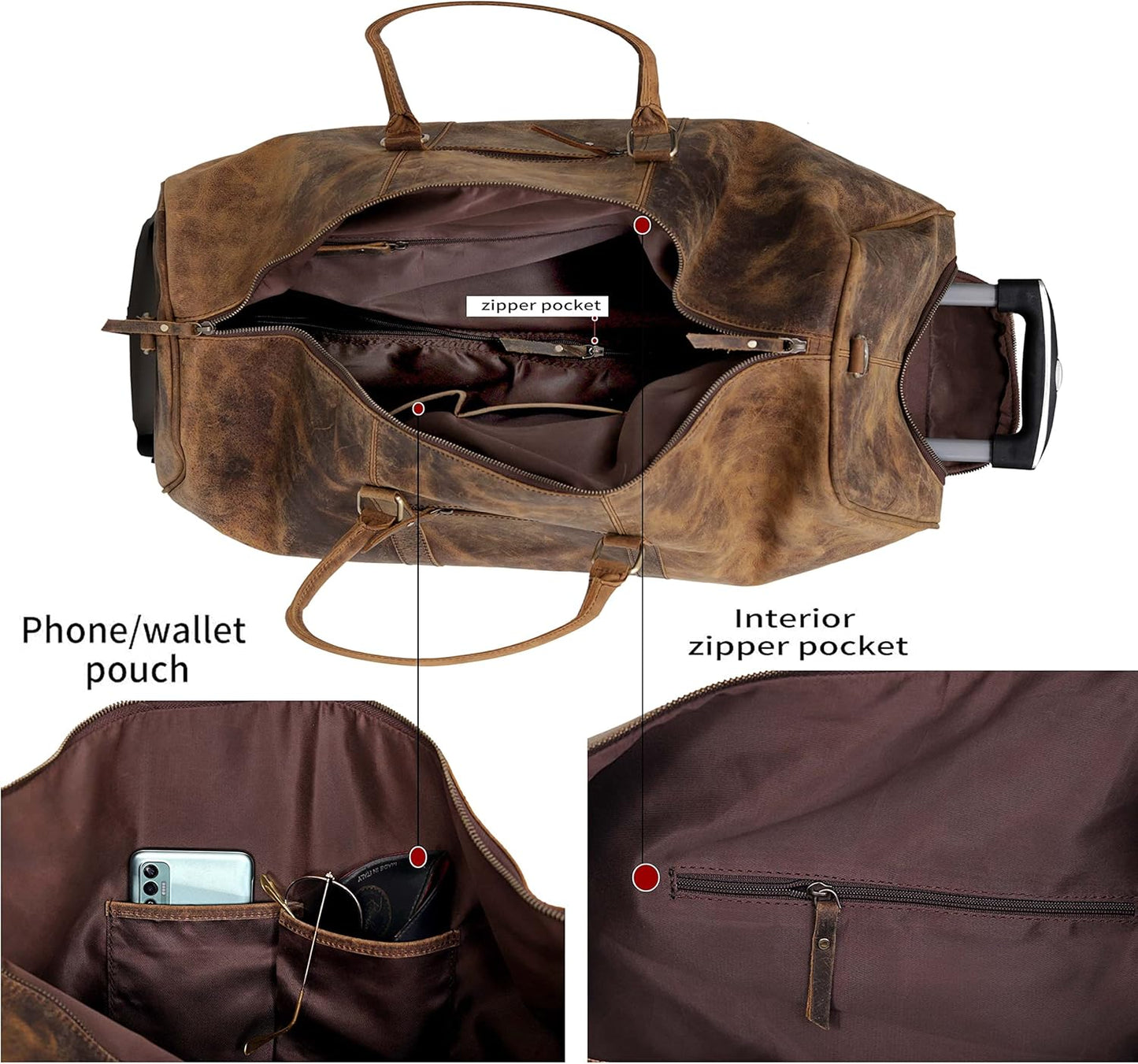 Weekender Leather Duffel Bag for Men Overnight Vintage Travel Duffle with Shoulder Strap Carry On Sports Gym 24 Inch Leather Luggage Carryall Cool Gifts for Him by Cureo