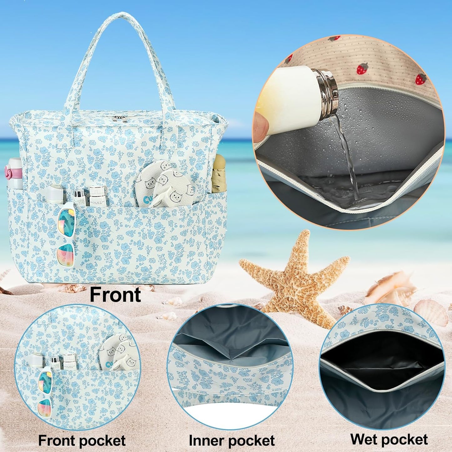Bluboon Waterproof Beach Tote Pool Bags for Women Ladies Extra Large Carry On Bag With Wet Compartment for Weekender Travel