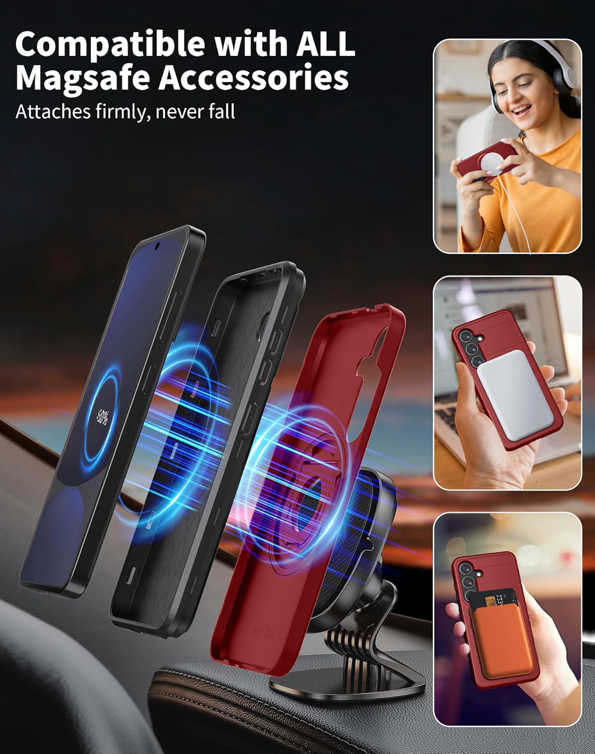 for Samsung Galaxy S24 FE Case Magnetic Compatible with MagSafe Wireless Charging,with 2 Screen Protectors,for S24 FE Case with Stand Ring Anti-Scratch Shockproof Heavy Duty Protection Red