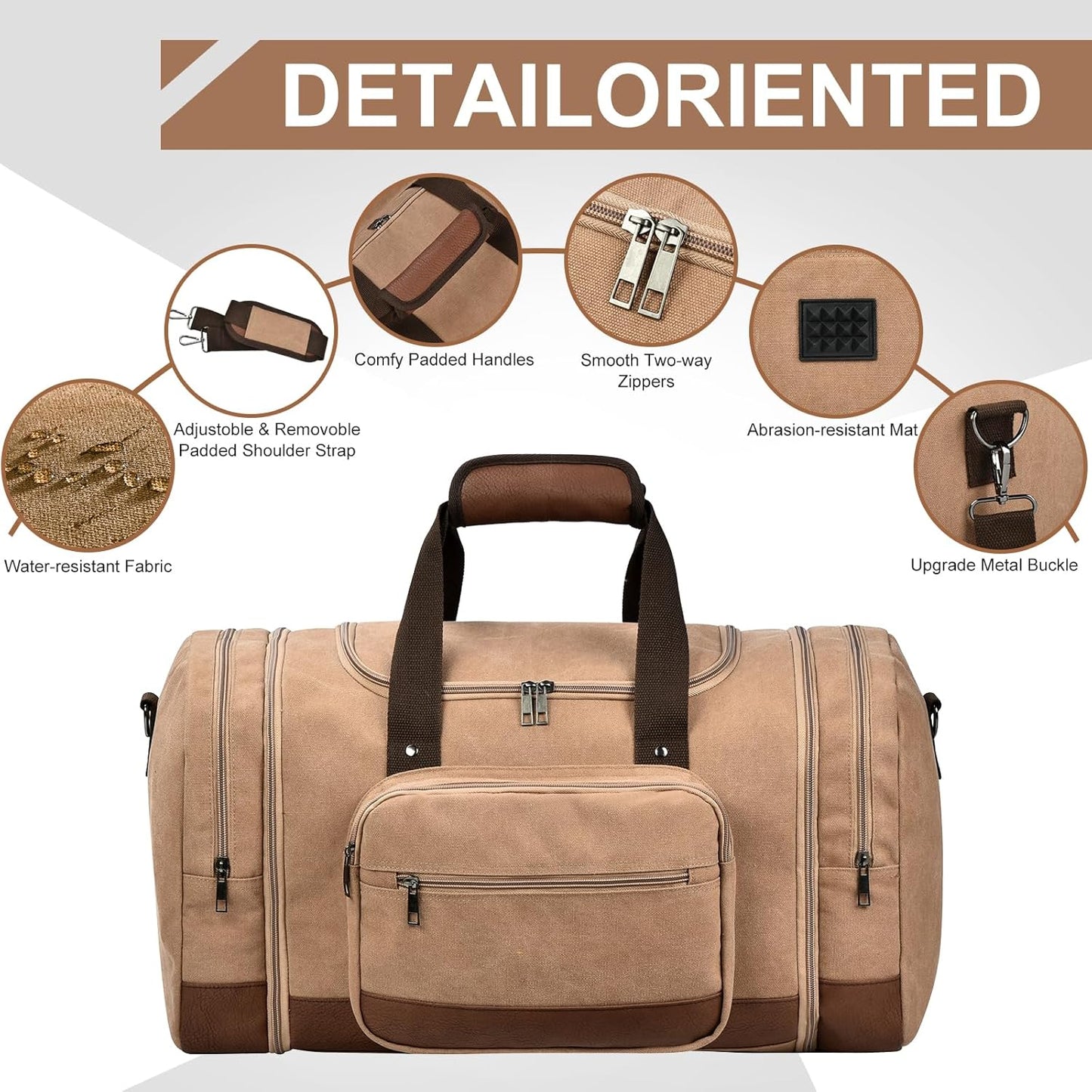 Litvyak Duffle Bag for Travel, 50L Canvas Travel Duffel Bags Overnight Weekend Gym Carry On Luggage Bag for Men & Women(Coffee)