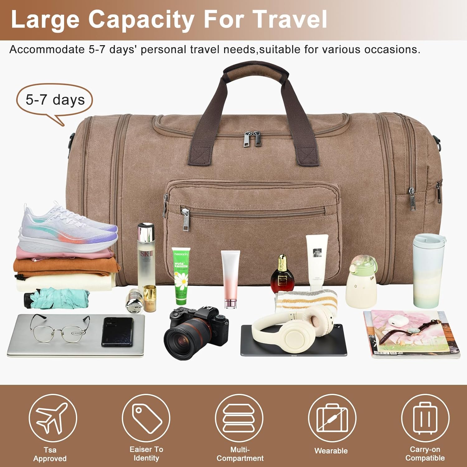Felipe Varela 60L Duffle Bag for Men, Large Expandable Canvas Duffel Bag for Travel, Mens Carry On