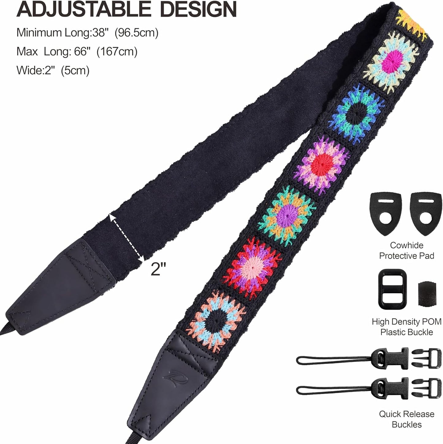 Padwa Lifestyle Camera Strap - 2" Full Grain Leather Ends Camera Straps for Photographers(Colorful Crochet)