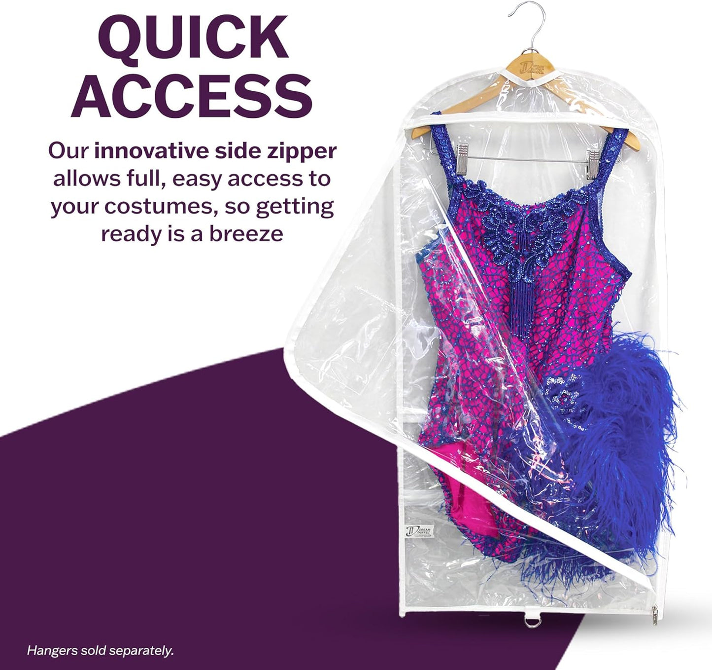 Clear Garment Bags for Dance Costumes 3-Pack, Regular-Size, Side Zipper Entry, Storage Pockets for