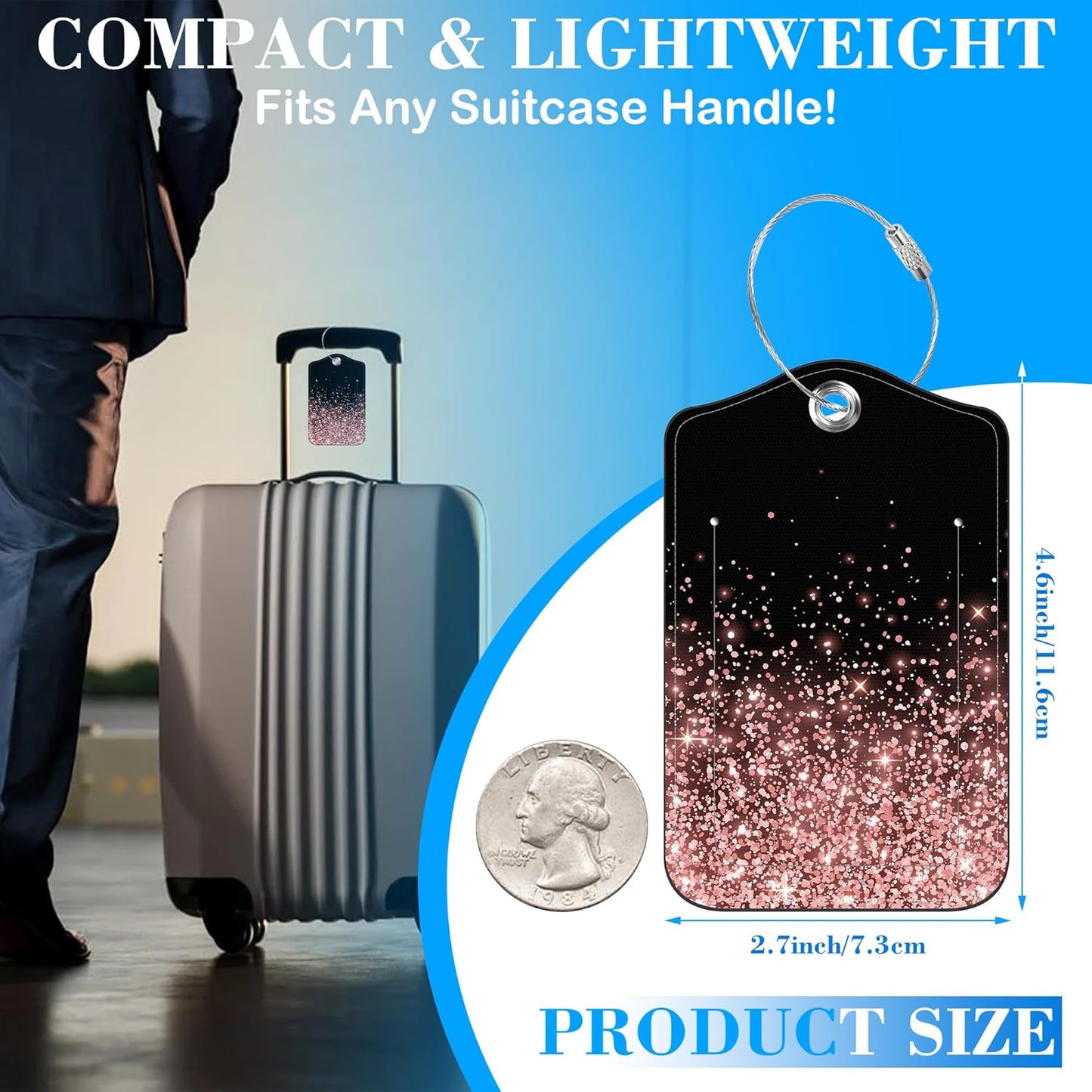 2 Pcs Luggage Tags for Suitcases, Rose and Gold Glitter Leather Bag Tags for Luggage Privacy Cover Name ID Label with Stainless Steel Loop Cruise Airport Travel Essentials