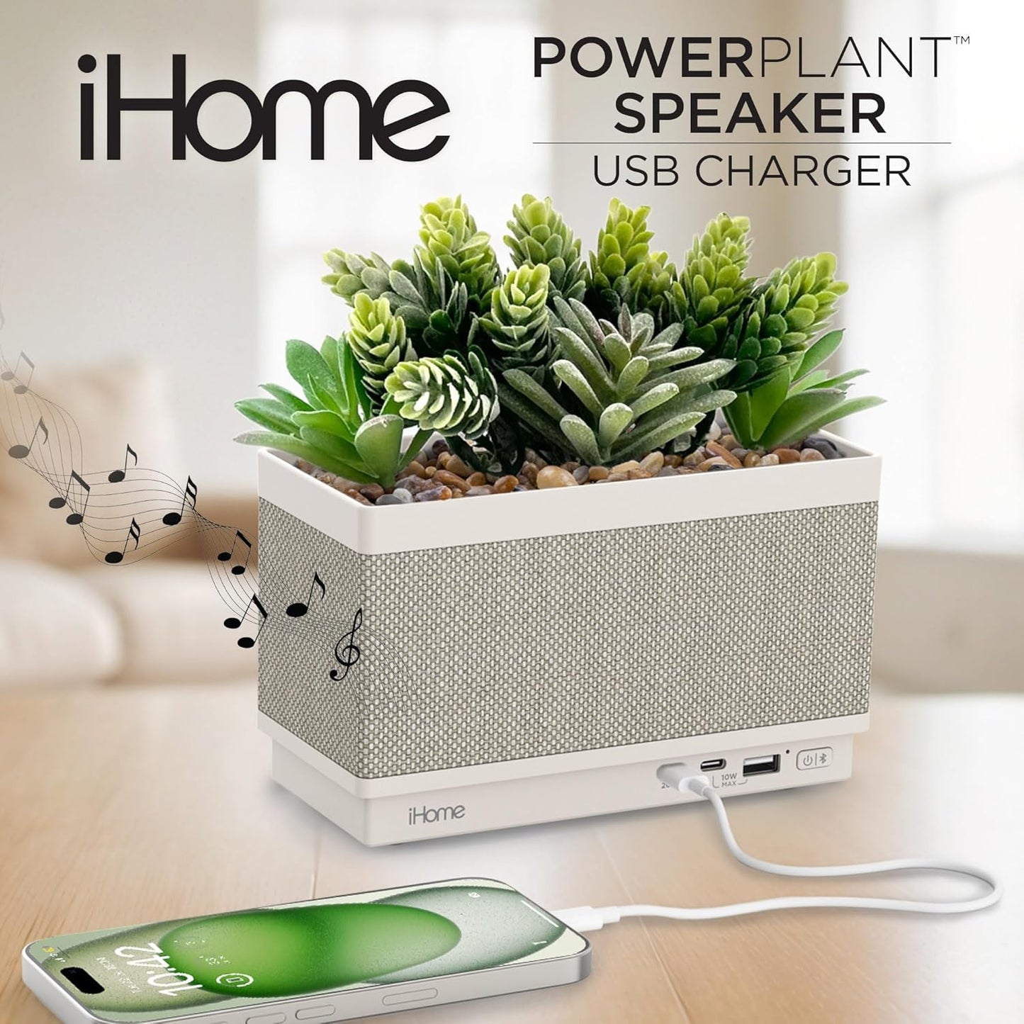 iHome PowerPlant Charging Station with Bluetooth Speaker, Faux Succulent with USB Charging Station for iPhone, Android, and More (iPP60)