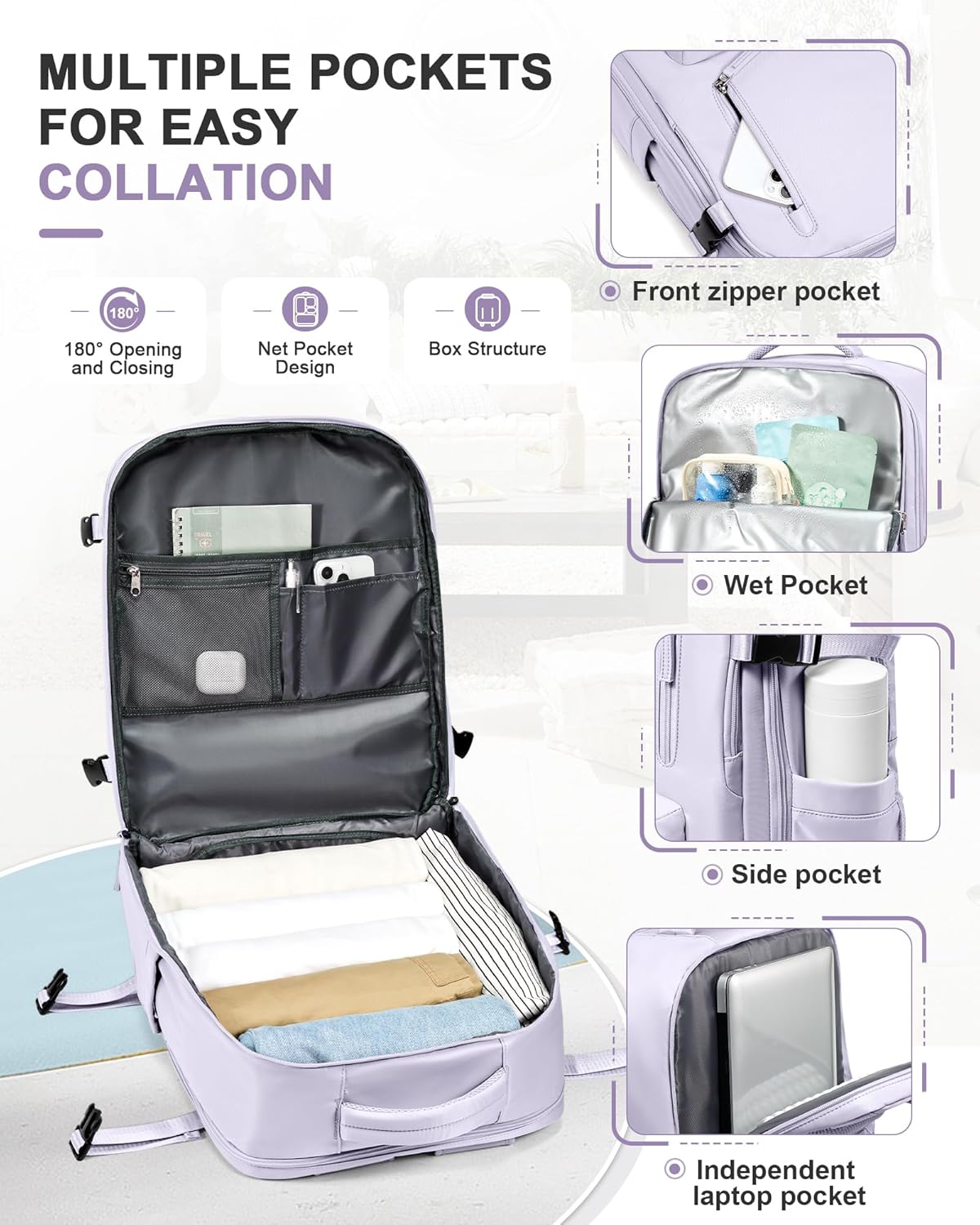 VGCUB Travel Backpack for Women Men for Spirit Airlines Personal Item Bag 18x14x8 Inches Laptop College Backpack,Waterproof Carry on Flight Approved Work Backpack Mochila de Viaje,Large Purple taro