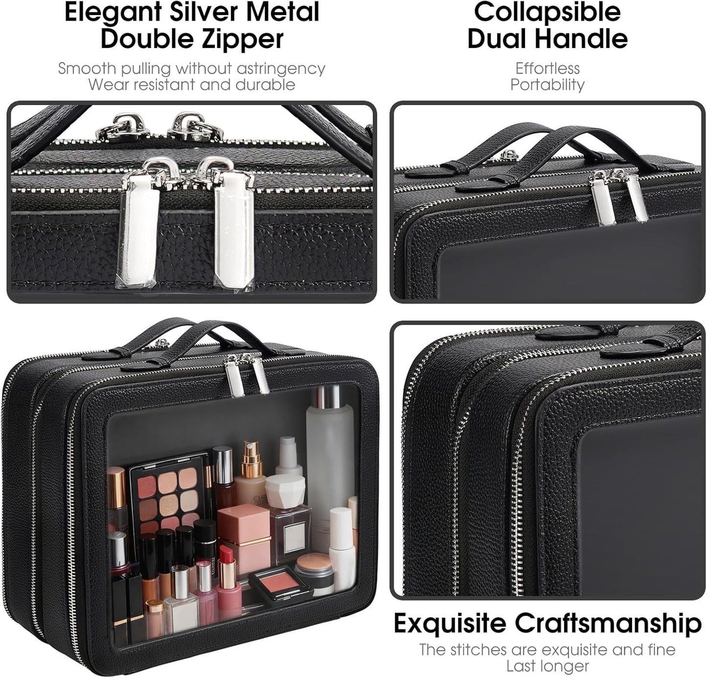 Clear Makeup Bag,Large Toiletry Case for Women,PU Leather Travel Cosmetic Bag,Detachable Makeup