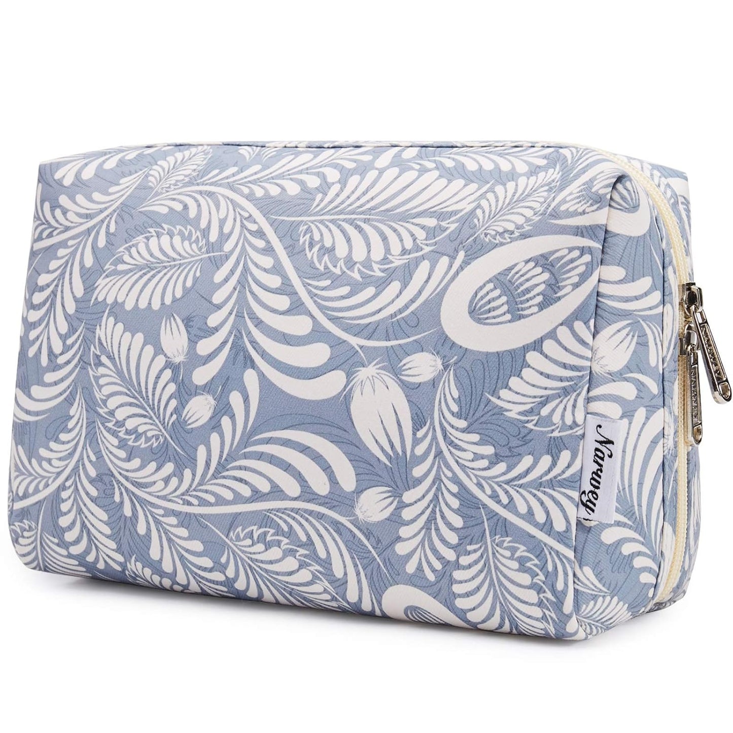 Narwey Cute Makeup Bag Travel Cosmetic Bag Organizer Toiletry Bag Make Up Bags with Compartments for Women Girls (Large, Blue Leaf)