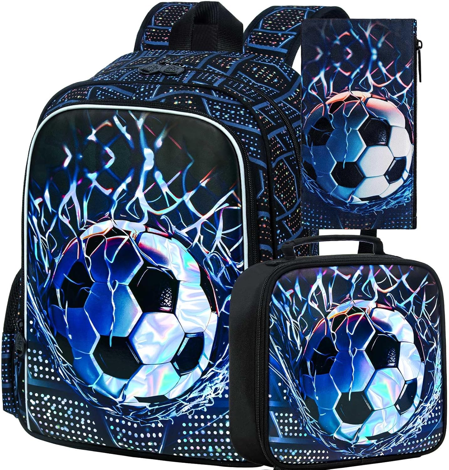 3Pcs Soccer Backpack for Boys, 17" Kids School Bookbag with Lunch Box, Football Backpacks Set for