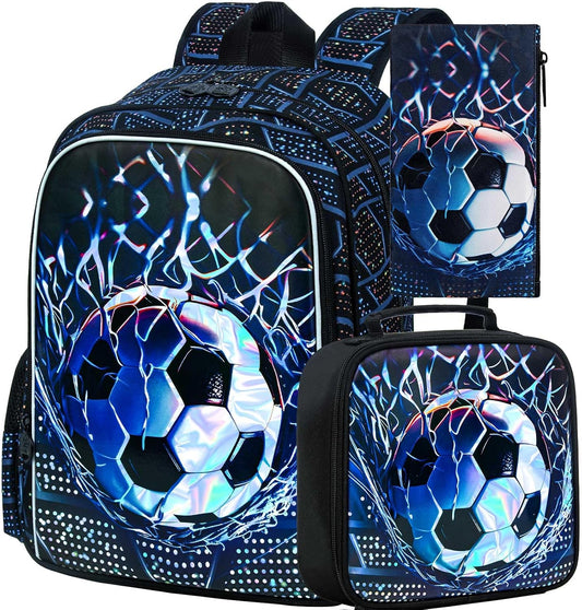 3Pcs Soccer Backpack for Boys, 17" Kids School Bookbag with Lunch Box, Football Backpacks Set for Elementary Preschool Kindergarten(Black)